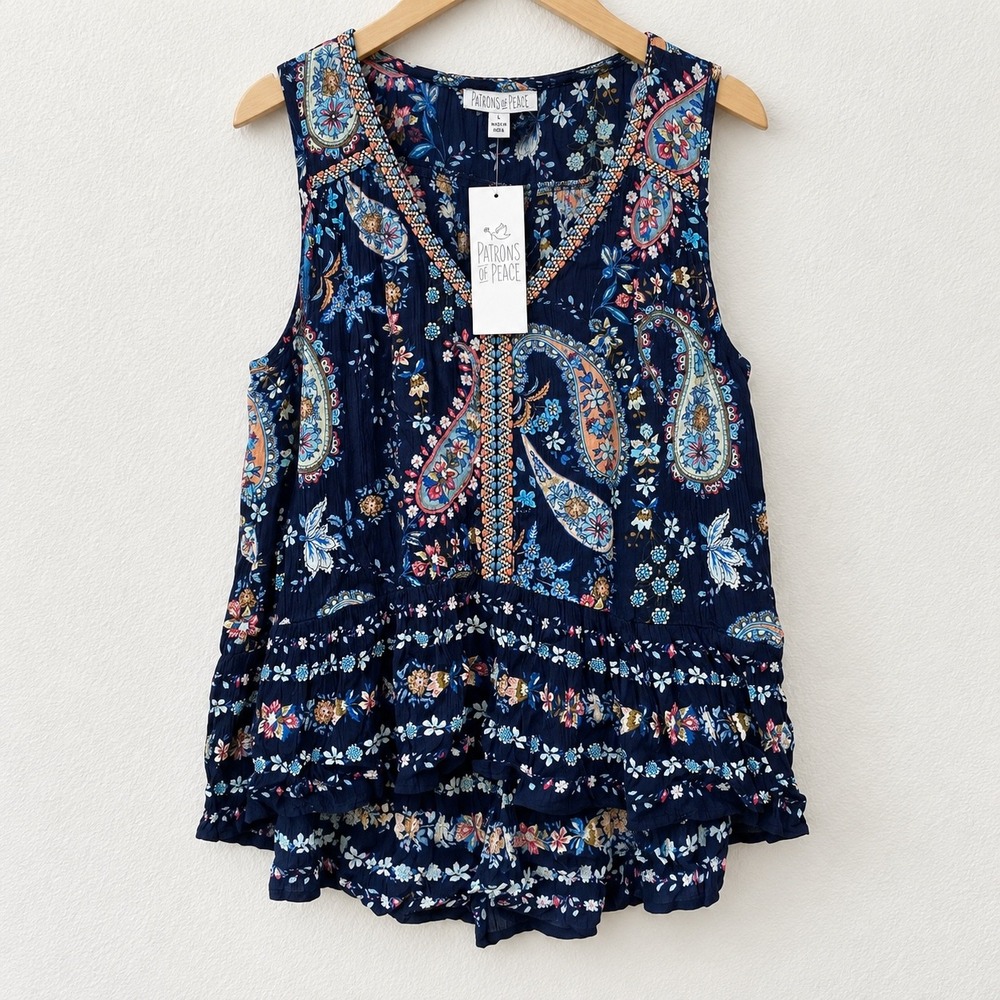 NWT Patrons of Peace Navy Paisley Floral Tiered High Low V-Neck Tank Top Large